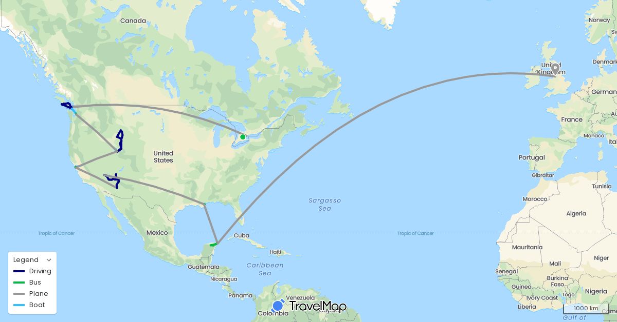 TravelMap itinerary: driving, bus, plane, boat in Canada, United Kingdom, Mexico, United States (Europe, North America)